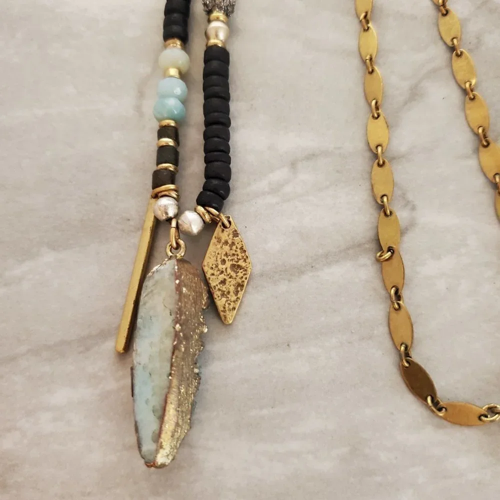 ✨ Stella and Dot Labradorite Artisan Druzy Beaded Stone Pave Rhinestone Pendant